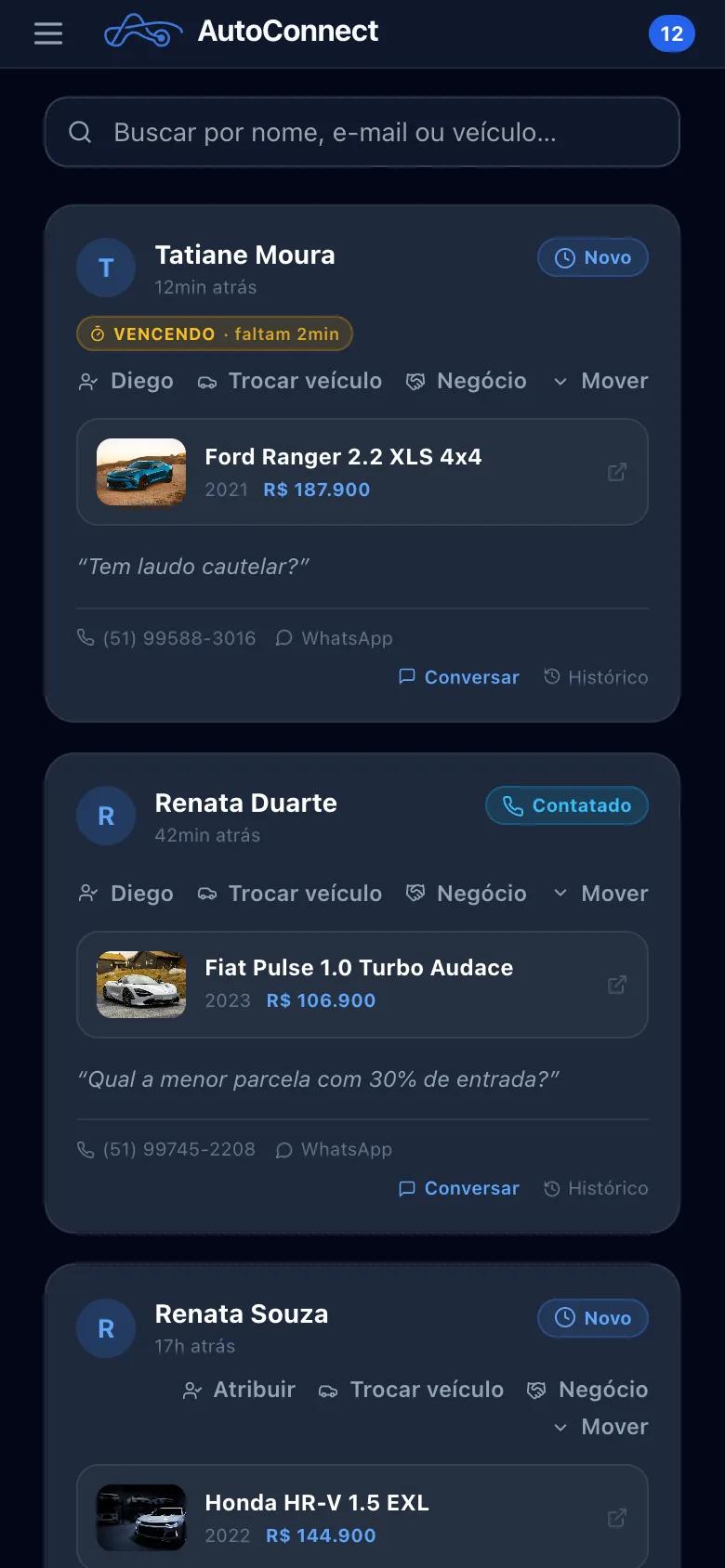 Tela de Leads do AutoConnect no celular: O lead chega, o prazo aparece.